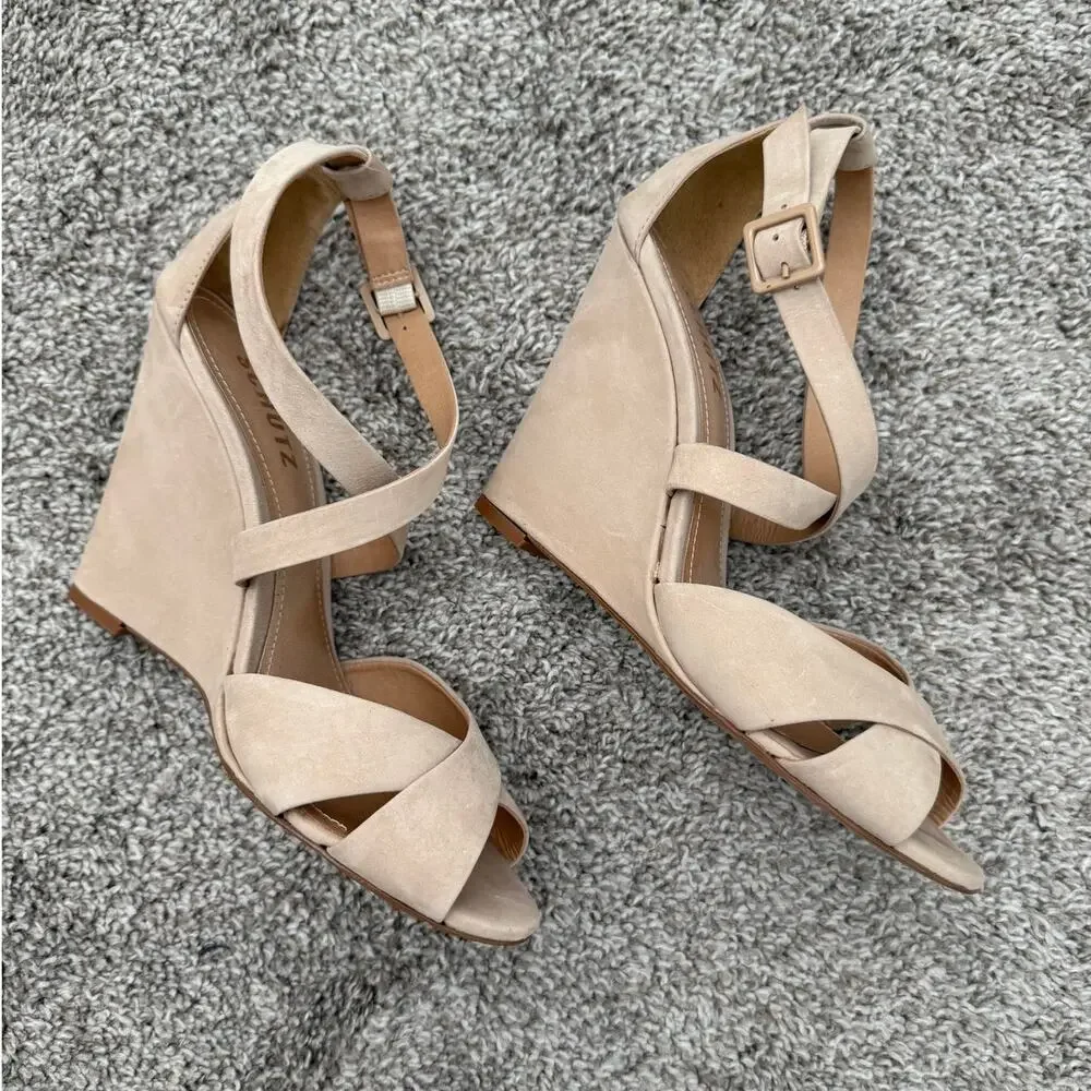Schutz Wedge Strappy Sandals Beige Nubuck Size 8